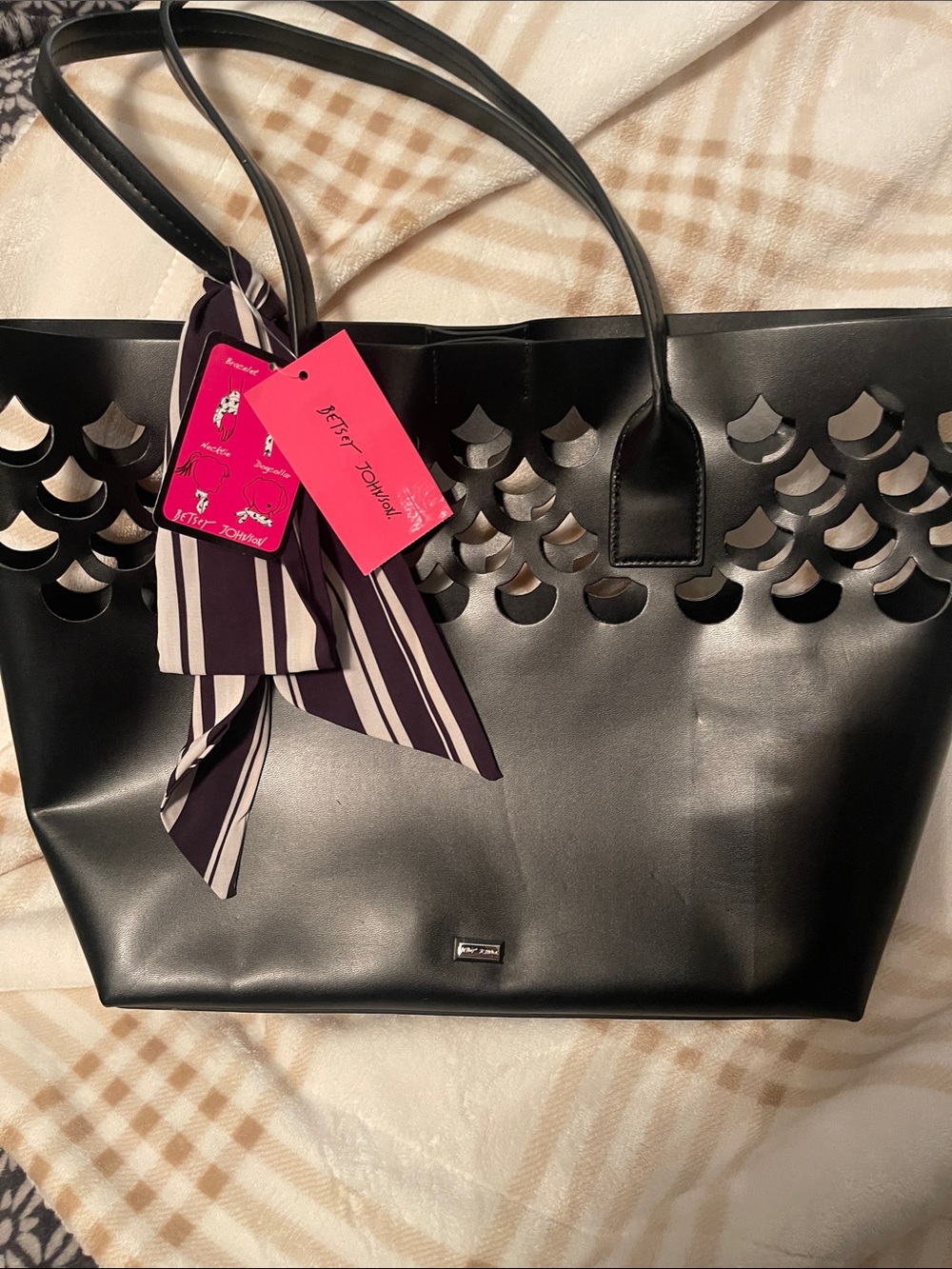 Betsey Johnson Black Cutout Tote Bag with Striped Scarf